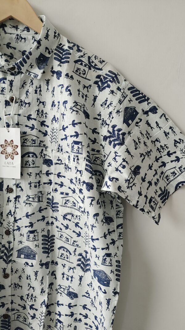White Base Navy Blue Warli Printed Cotton Shirt