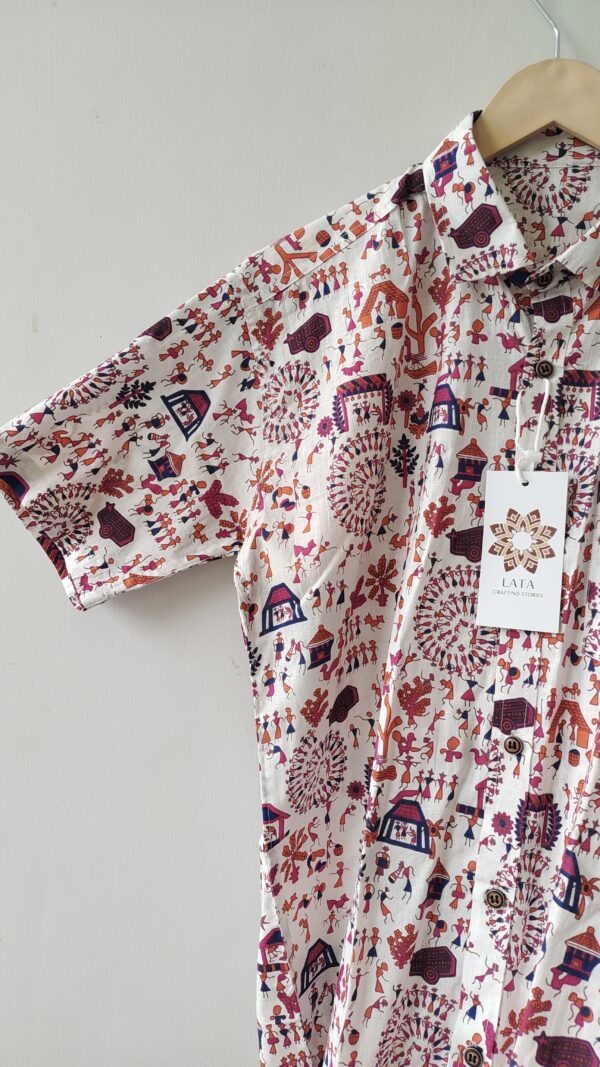 White Base Red Mehruun Warli Printed Cotton Shirt (2)