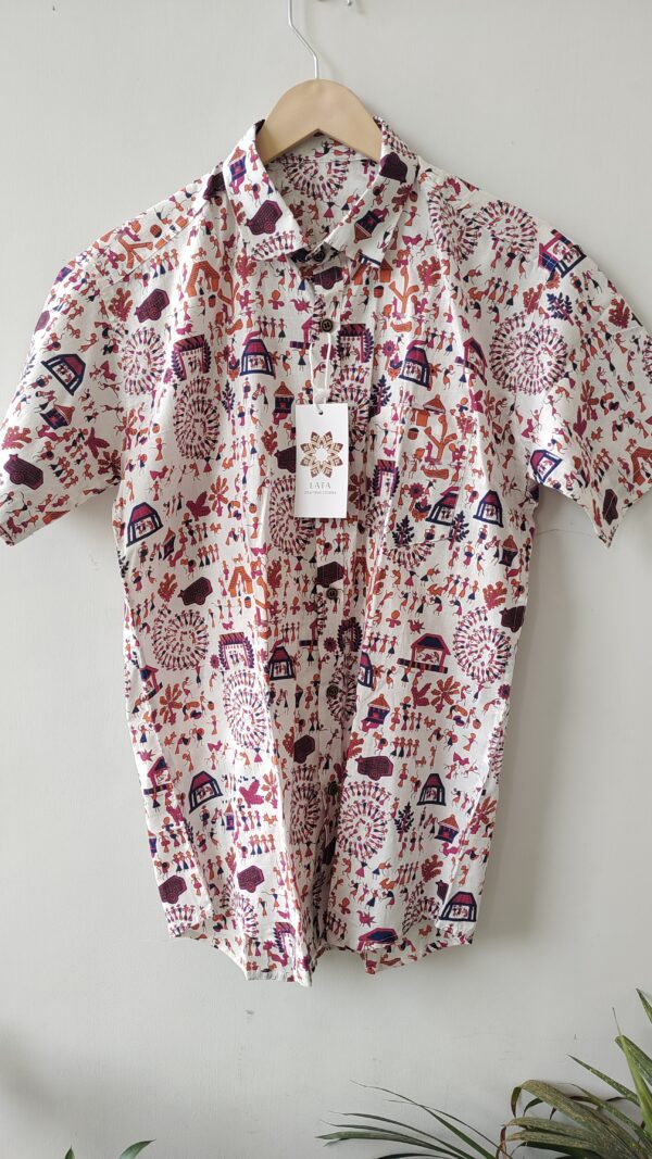 White Base Red Mehruun Warli Printed Cotton Shirt (4)
