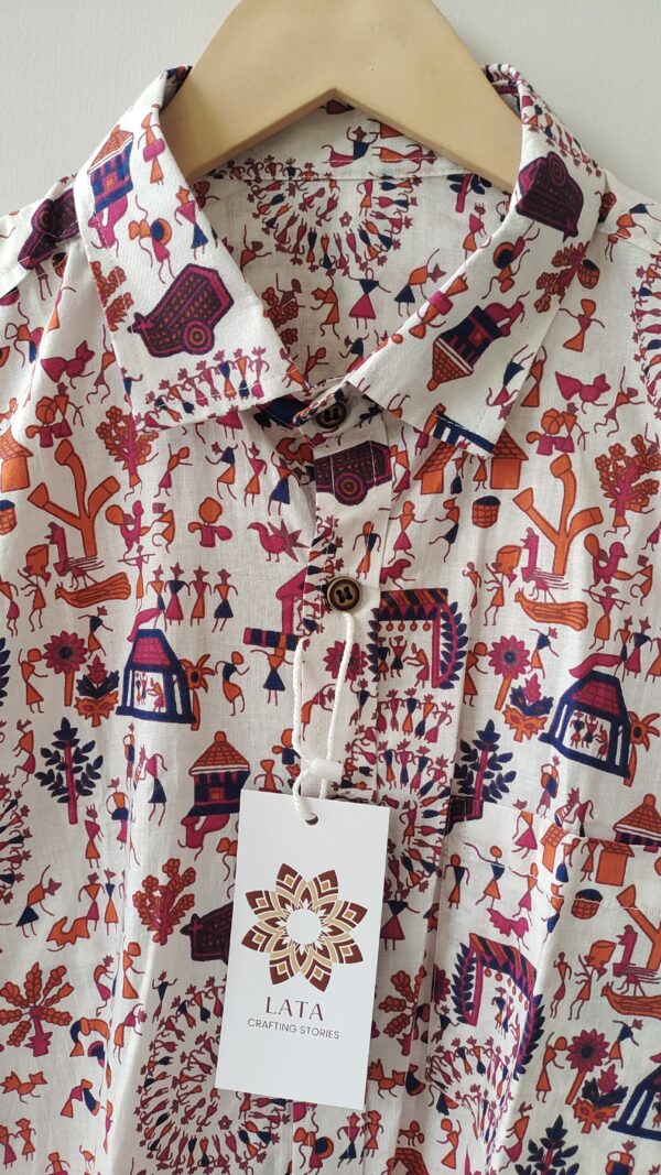 White Base Red Mehruun Warli Printed Cotton Shirt