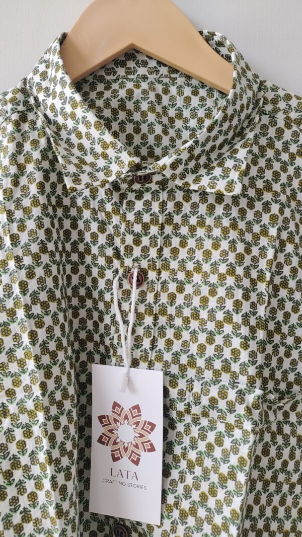 White Green And Yellow Buti Handprinted Cotton Shirt (2)