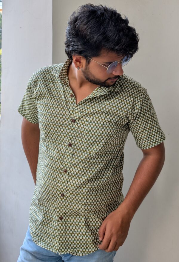 White Green And Yellow Buti Handprinted Cotton Shirt